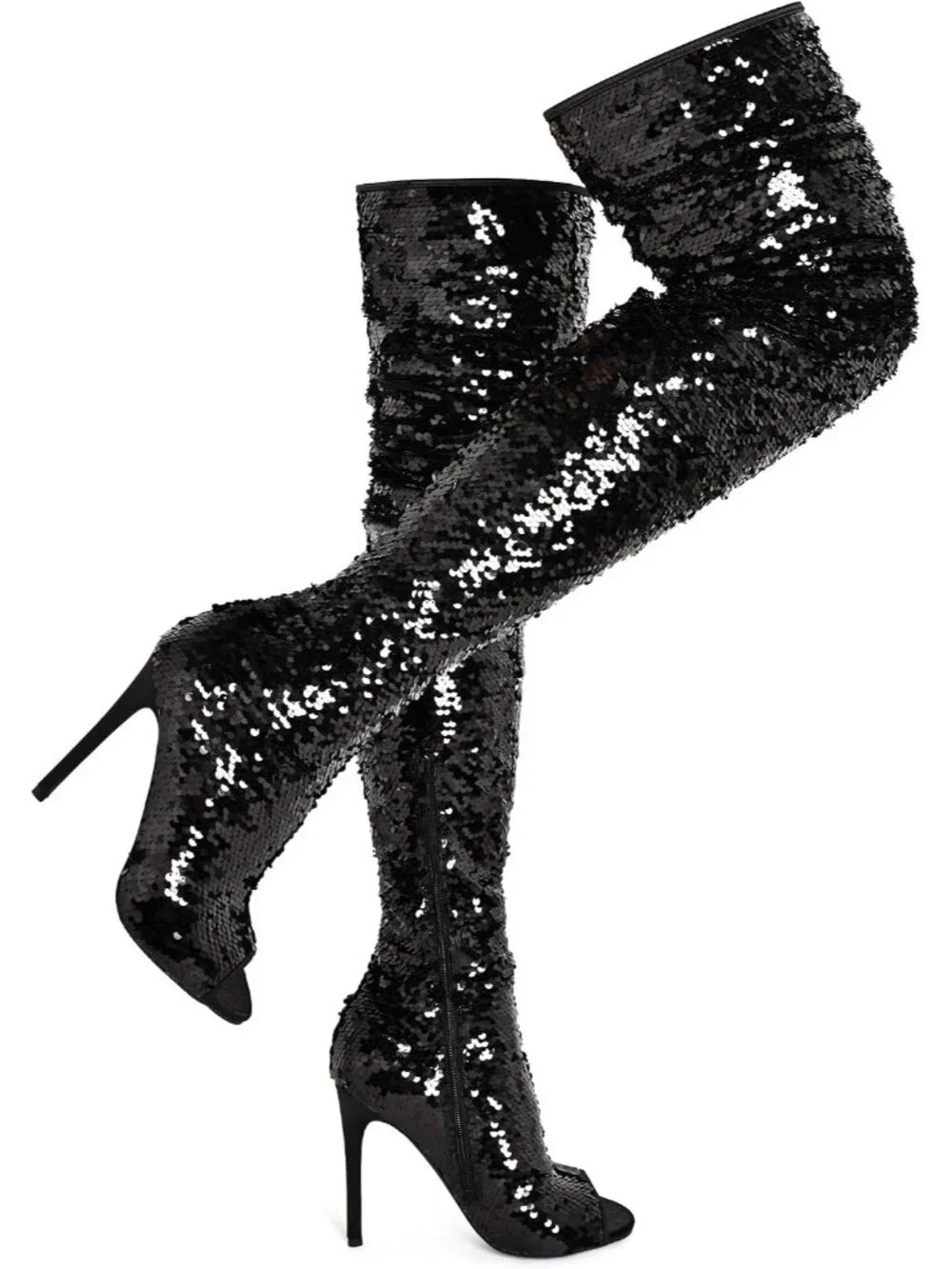 Women's Black Leather Sparkly Peep Toe Stiletto Heel Thigh High Boots